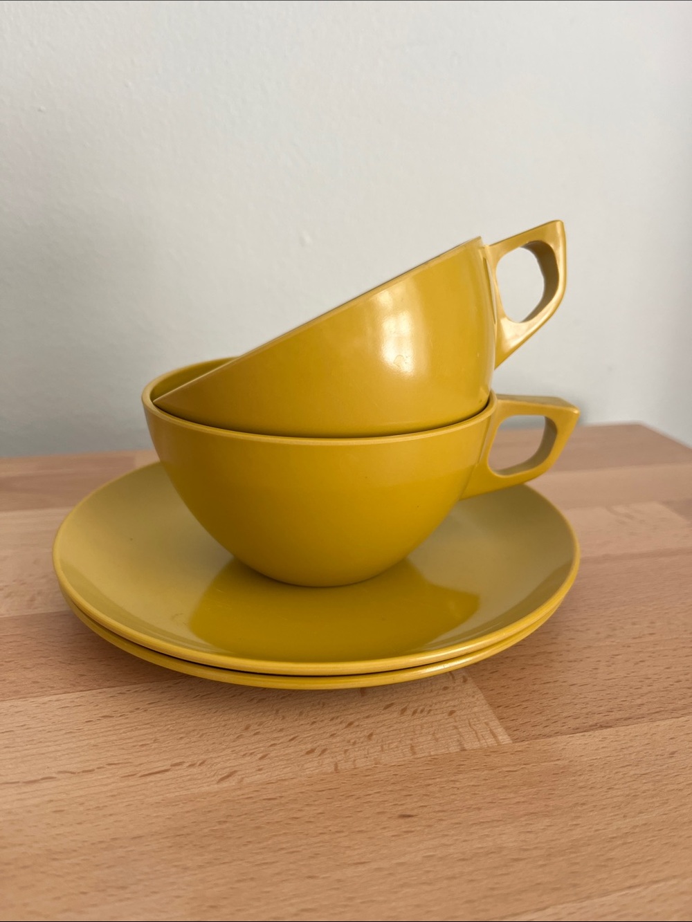 Vintage Melamine Mustard Yellow Allied Chemical Cups and Saucers Set of 2
